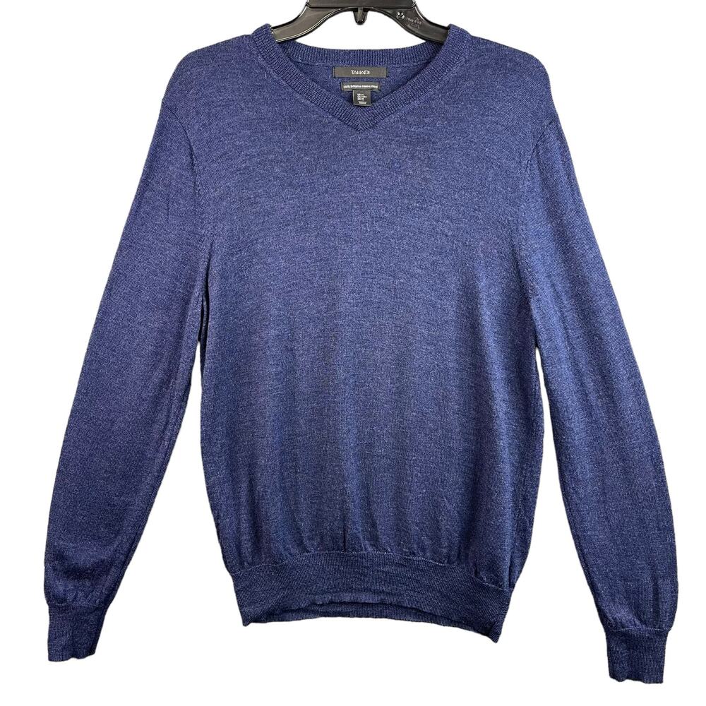Tahari Mens Sweater Blue Merino Wool Knit Long Sleeve V-Neck Pullover Size‎ M
